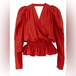N12H Orange Red Wrap Peplum Blouse Pearl Sleeves Puff Sleeve Top size Small